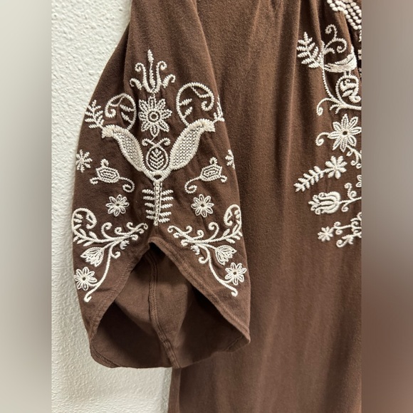 Johnny Was Tunic Blouse Embroidered Floral Birds Quarter Sleeve Cotton Brown XS - Picture 6 of 9